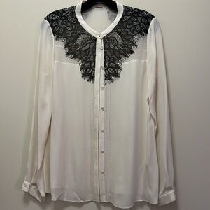 Elie Tahari White with Black lace button up mixed media Silk Blouse Sz: S/P